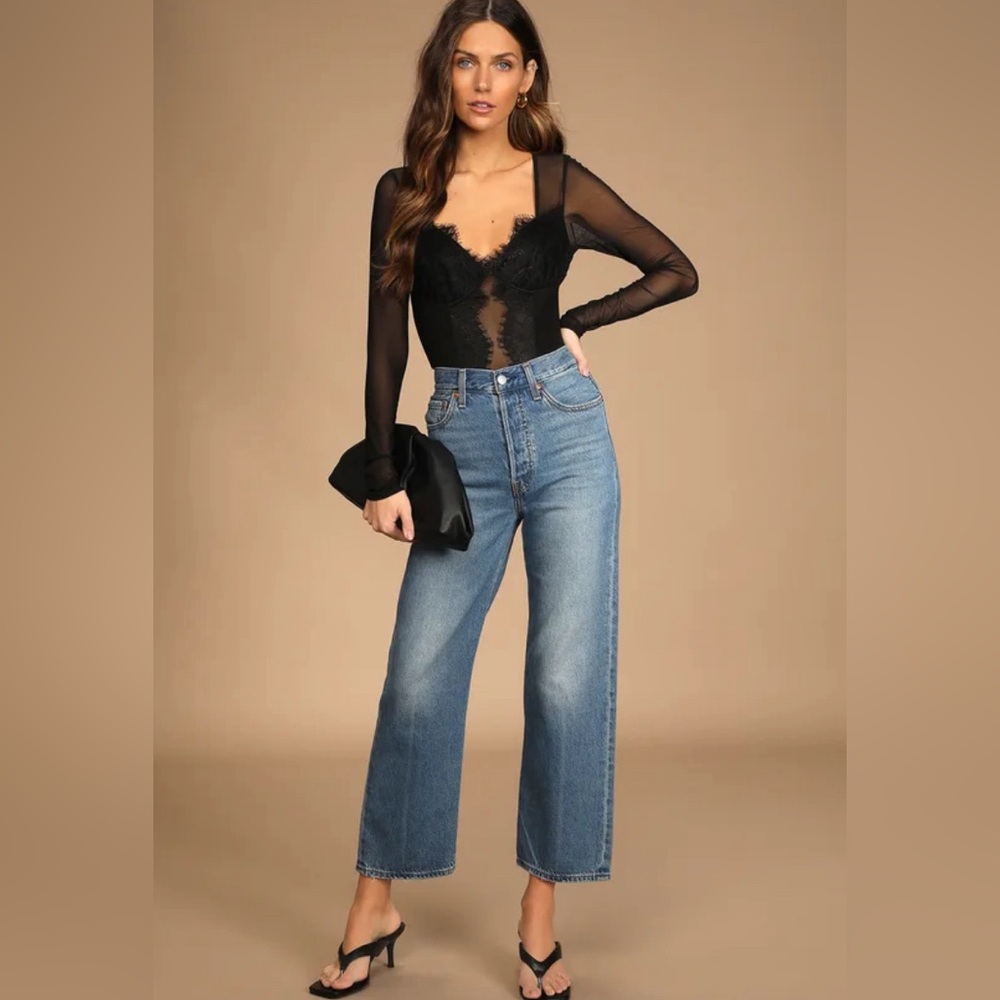 Lulus Stay Sultry Black Mesh Lace Long Sleeve Bodysuit